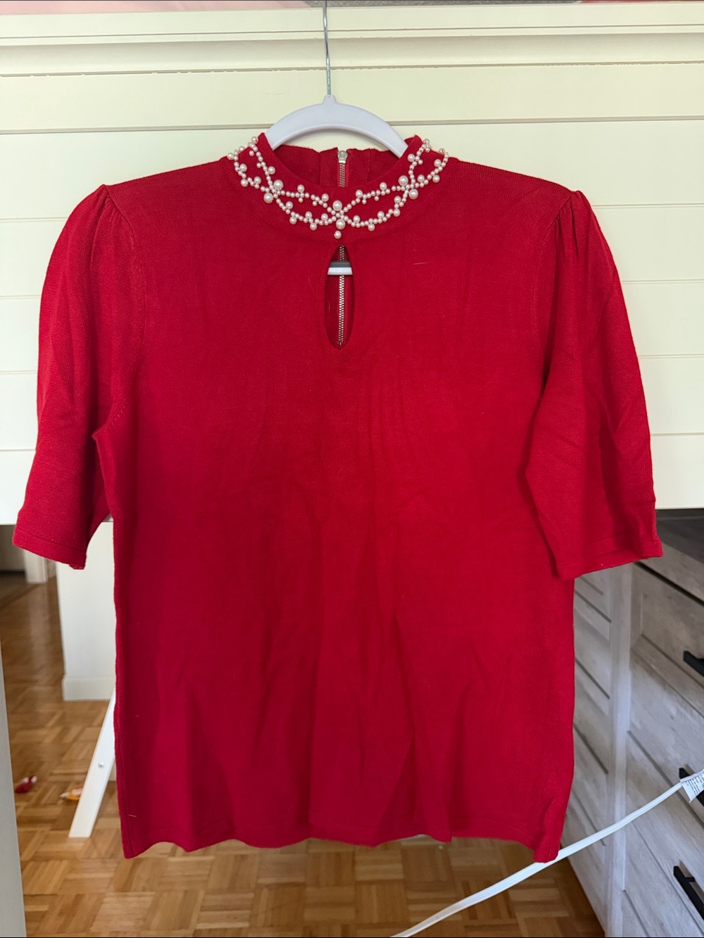 Carmen Marc Valvo Red Pearl-Trim Mock Neck Top